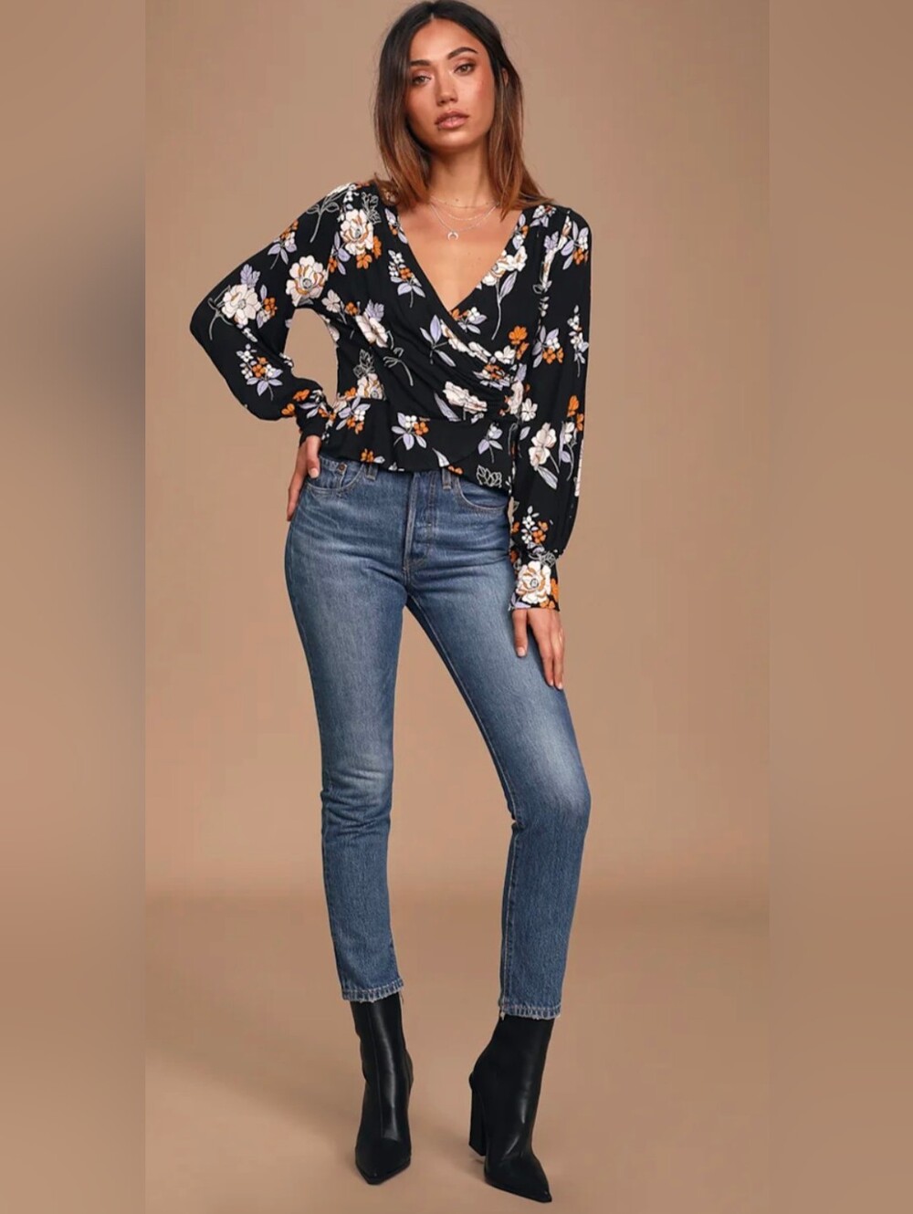 Free People Black Floral Wrap Top with Cream and Light Blue Accents